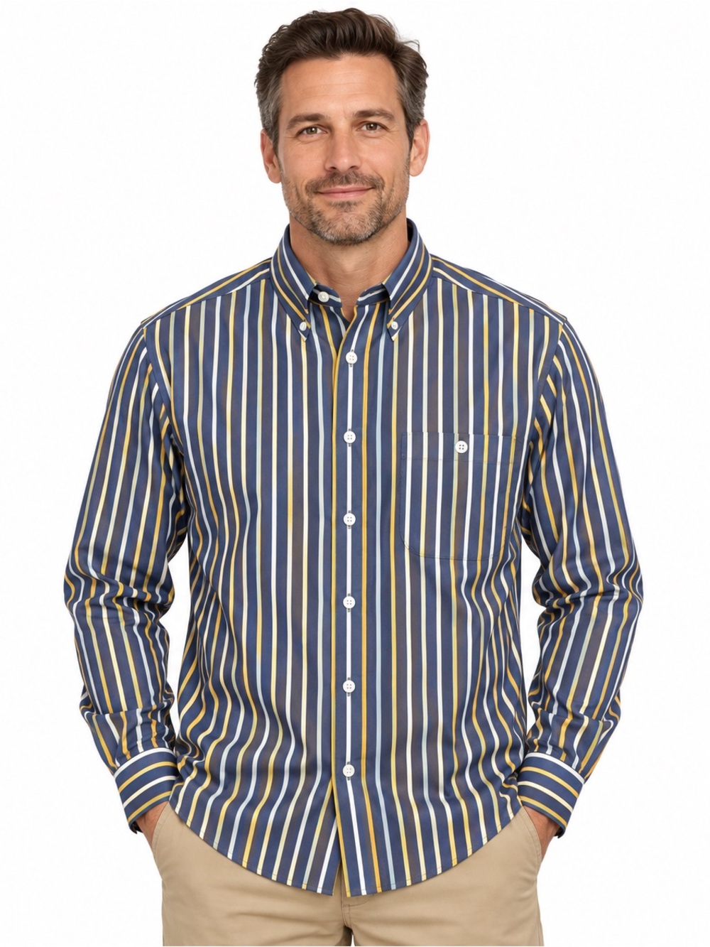 Orvis Wrinkle Free Shirt Mens M Blue Yellow Striped Cotton Button Down Coastal